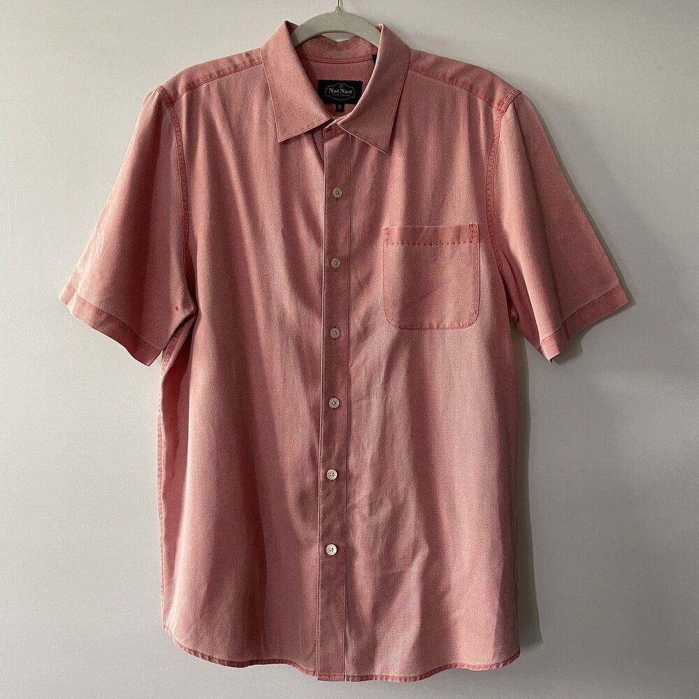 Nat Nast Button Front Camp Shirt Pink Short Sleeve Silk Cotton Men Size M-(dmp)